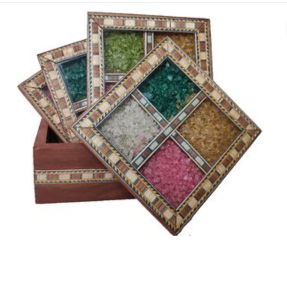 Gemstone filled wooden teacoasters with box